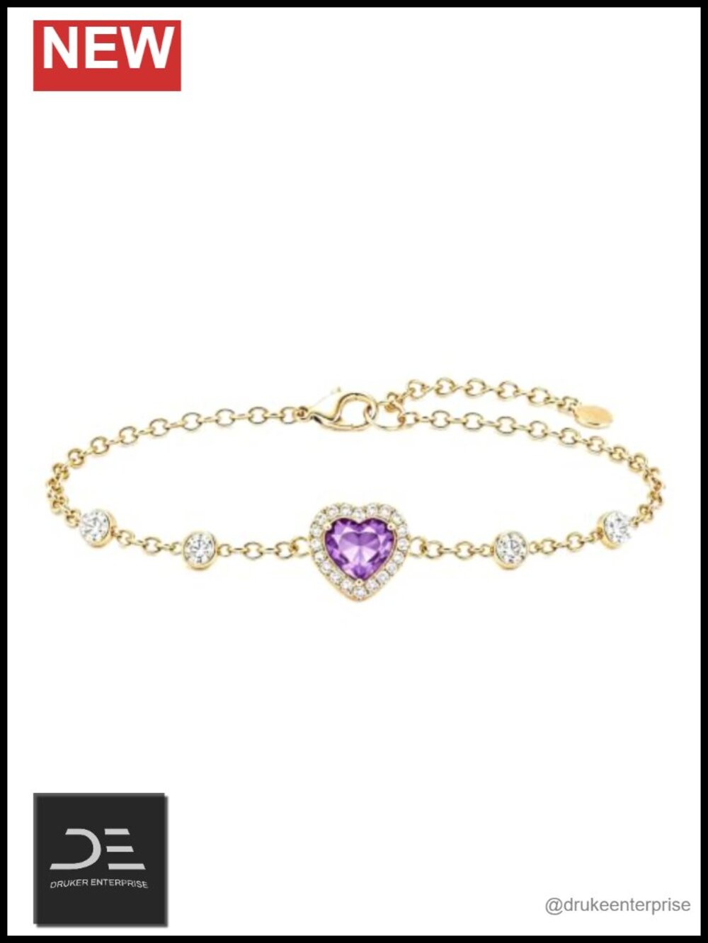 14K Gold Heart Birthstone Bracelet with Amethyst February CZ Link Bracelet for